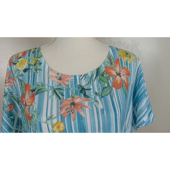 Chicos Size 2 Blue Floral Striped Top Womens Summer Large 12 Casual Resort - Picture 9 of 11